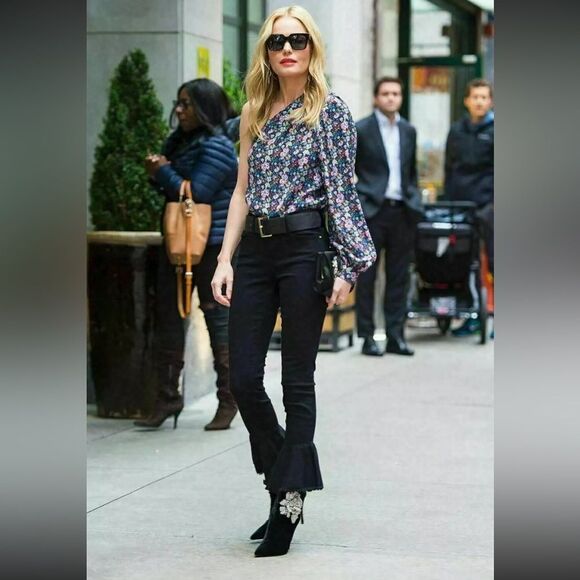 S, Frame Denim Floral Print One Shoulder Top with puff sleeve coastal blue multi - Picture 3 of 14